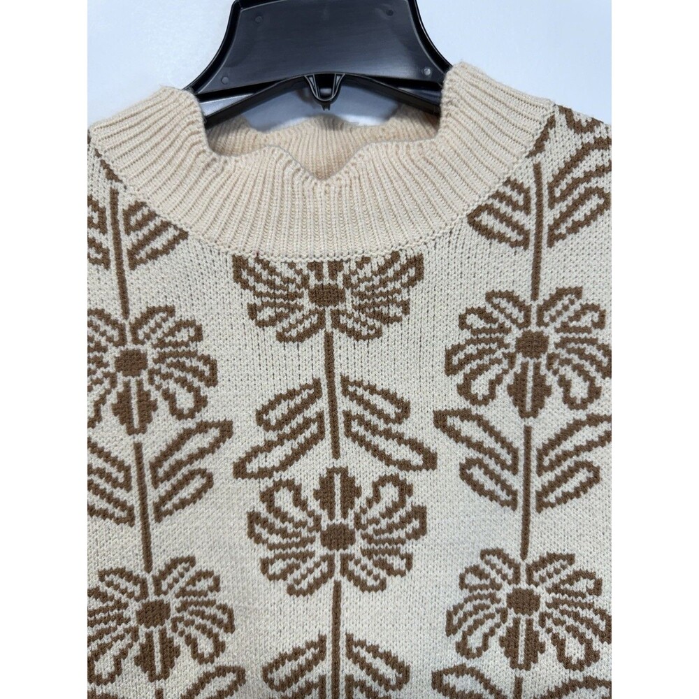 &merci Floral Jacquard Sweater Vest Cream Brown Side Tie Bow Scallop Sz M NWT - Picture 6 of 14